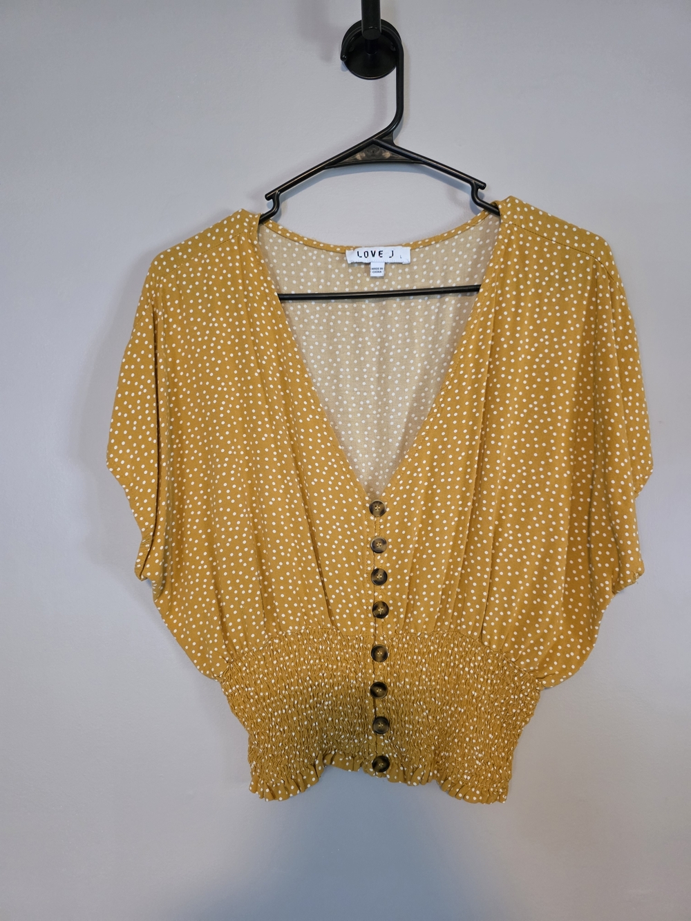 love J Mustard Yellow Polka Dot V-Neck Button Blouse